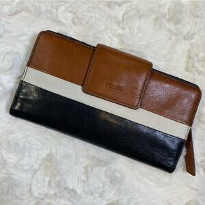 Fossil Leather Wallet Brown‎ Cream Black Colorblock Striped Card Holder Zip
